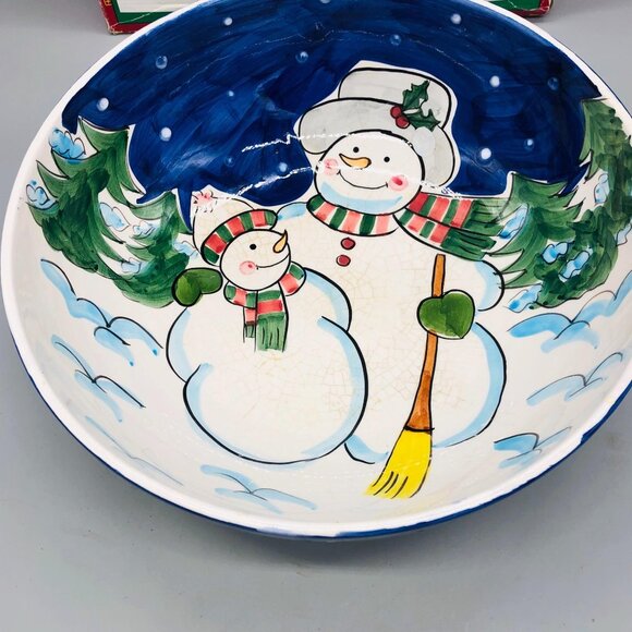 Holiday Ceramic Serving Bowl Snowmen World Bazar Christmas 12" Width READ - Picture 2 of 8
